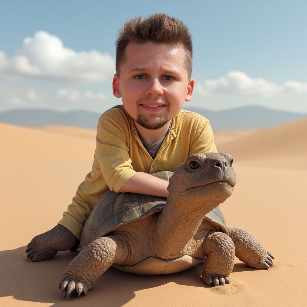 AI-generated photo: Me, a tiny explorer riding a giant tortoise across...